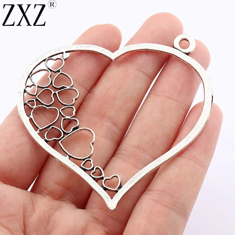 5pcs Tibetan Silver Large Open Hollow Heart Romantic Charms Pendants For Necklace Jewelry Making Findings 65x59mm