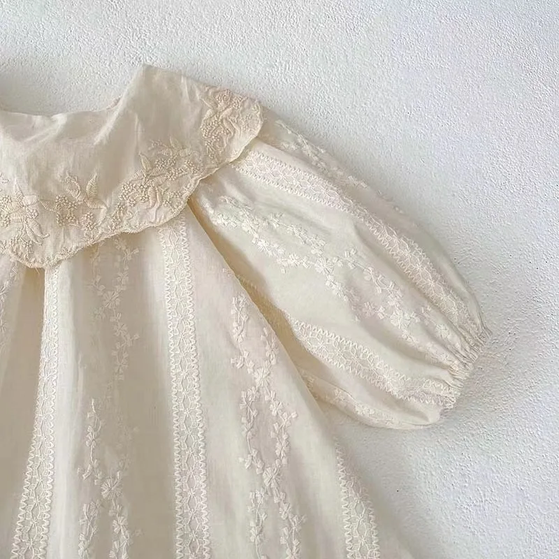 Roupas de bebê 2024 outono primavera menina manga comprida macacão bordado grande lapela cor sólida casual simples princesa renda macacão