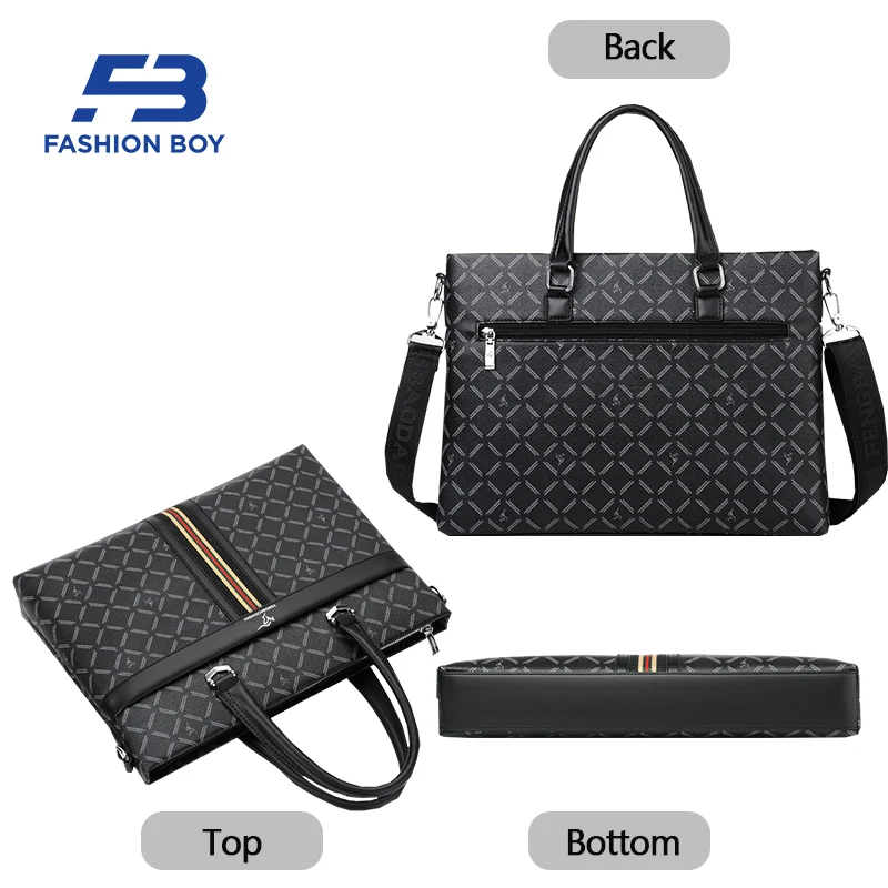 FASHION BOY High End Men's Business Handbag Large Capacity Leather Briefcase Meeting Documents Work Packages 14-inch Laptop Bags