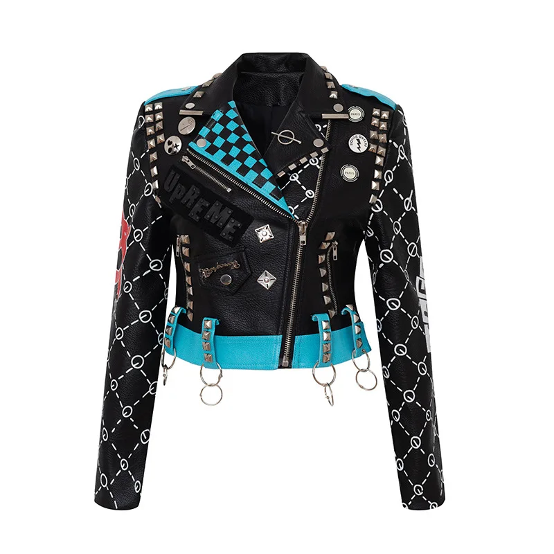 Motorcycle Jacket Rivet Decoration Women's Motorcycle Leather Jacket PU Material Women's Short Jacket Graffiti Biker Clothes