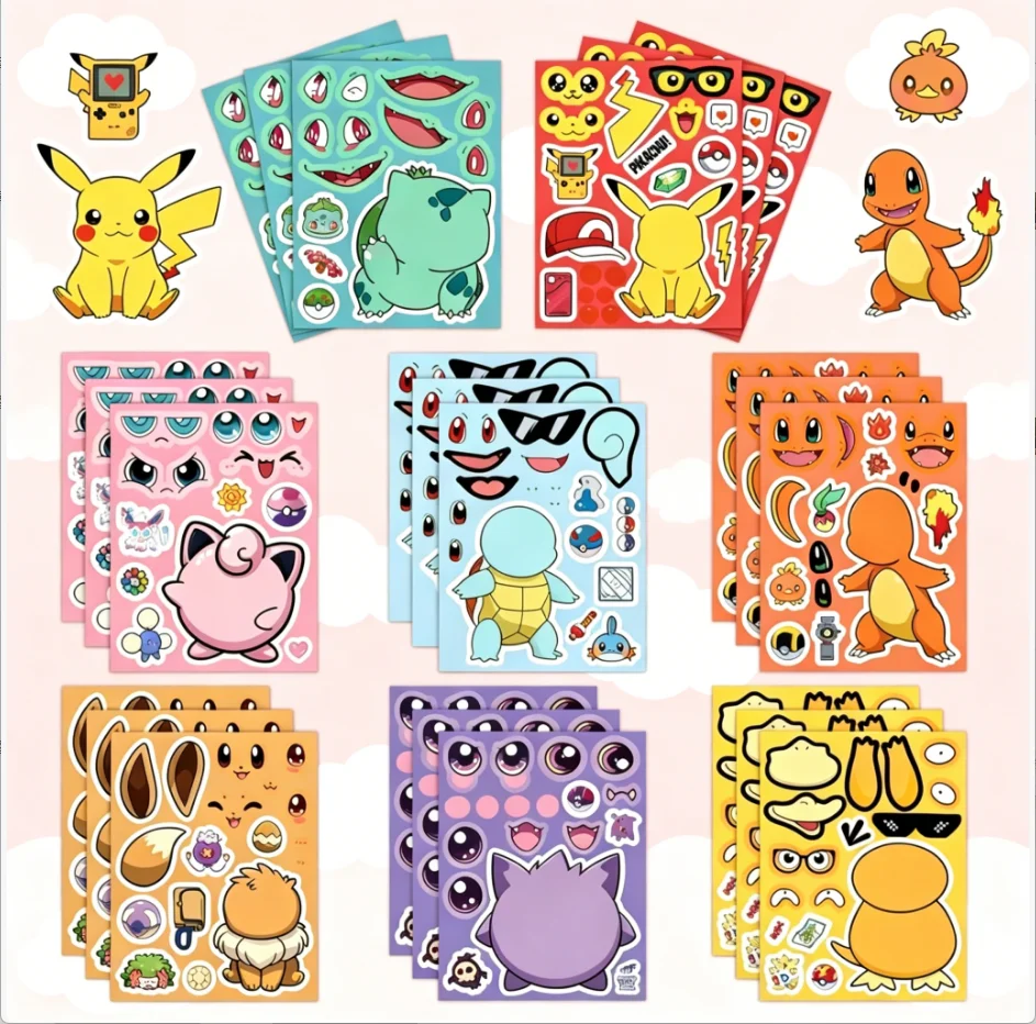 16 Hojas de Pegatinas de Rompecabezas de Pokemon para Crear Caras, Diversión DIY de Dibujos Animados para Niños, Pegatinas Decorativas de Ensamblaje, Juguetes para Niños, Recuerdos de Fiesta