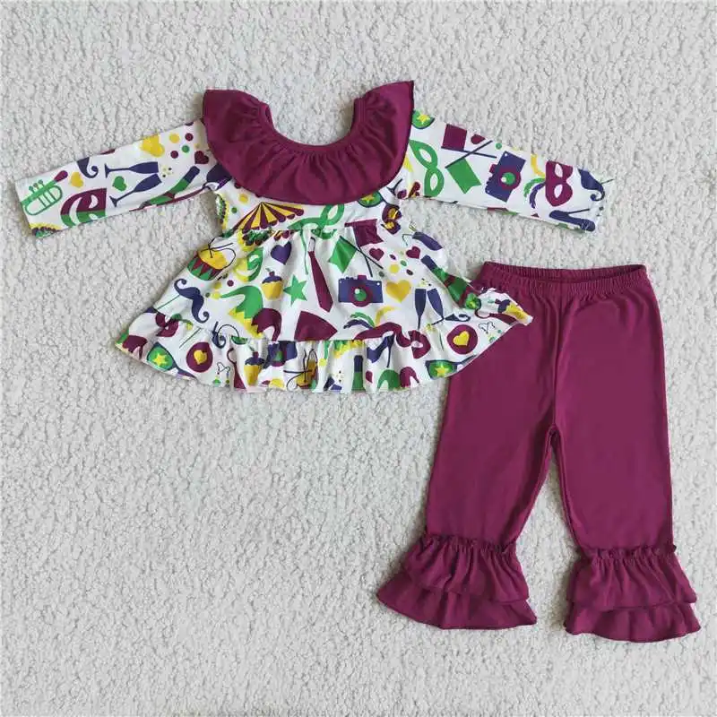 New Fashion Mardi Gras Mask Bow Top Purple Trousers Wholesale Boutique Children Clothes RTS