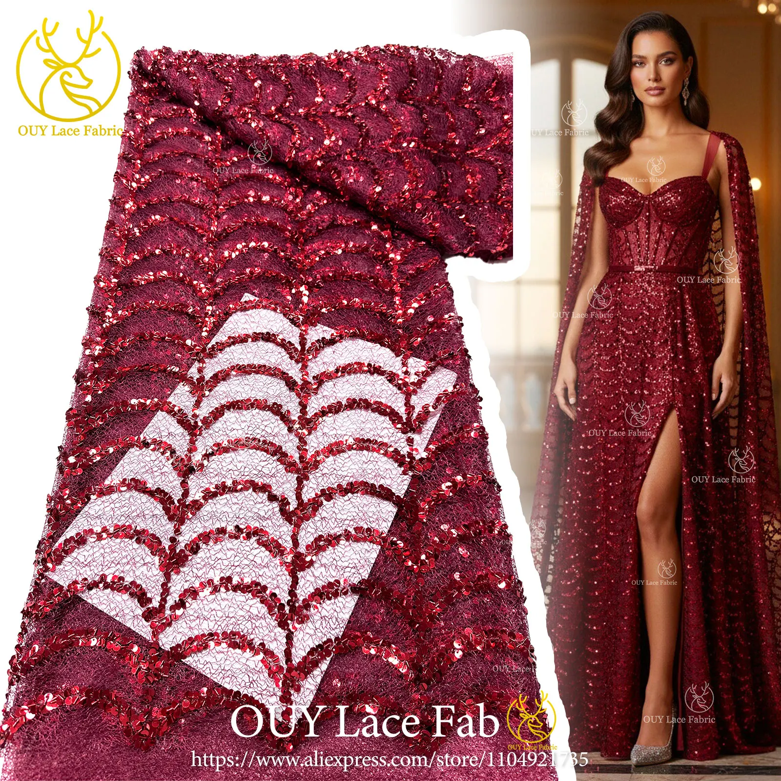 

Red African Sequin Lace Fabric 2026 Premium French-Nigerian Lace Fabric Suitable for Sewing Women's Christmas Party Dresses