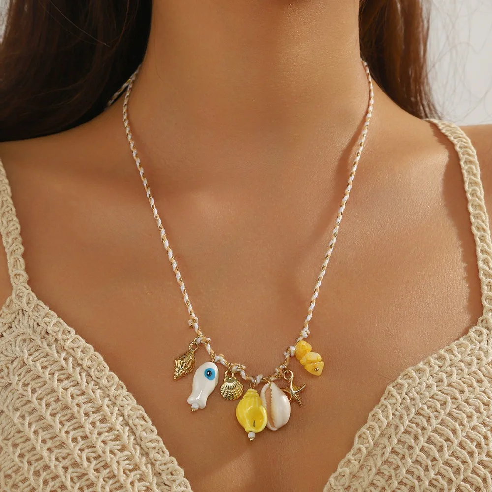 Bohemia Dopamine Shell Starfish Colored Rope Ceramic Pendant Necklace for Women Summer Beach Vacation Jewelry Gifts Accessories