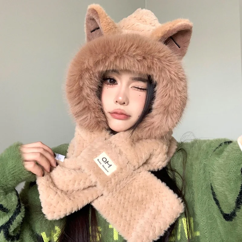 Winter Scarf Hat Sets for Women Cute Fox Ears Furry Fur Bonnet Plush Thicken Windproof Beanies Neck Warmer Scarves Two-Piece Set