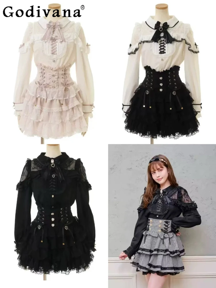 

Liz Long Sleeve Shirt Japanese Style Mass Production Mine Slim Fit Lolita Top Sweet Girls Cute Bow Lace Blouses High Waist Skirt