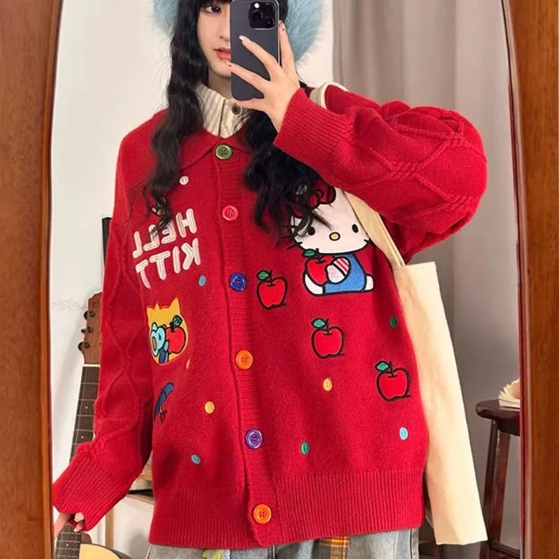 

Y2K Cartoon Cardigan Sweater Coat Hello Kitty Woman Lapel Cardigan Anime Kawaii Spring Embroidery Girls Student Leisure Tops