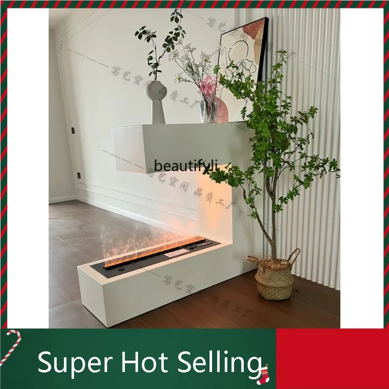 

D071 Light Luxury Solid Wood Fireplace Mantel Living Room Partition Curio Cabinet Stove Core Simulation Flame Color Changeable