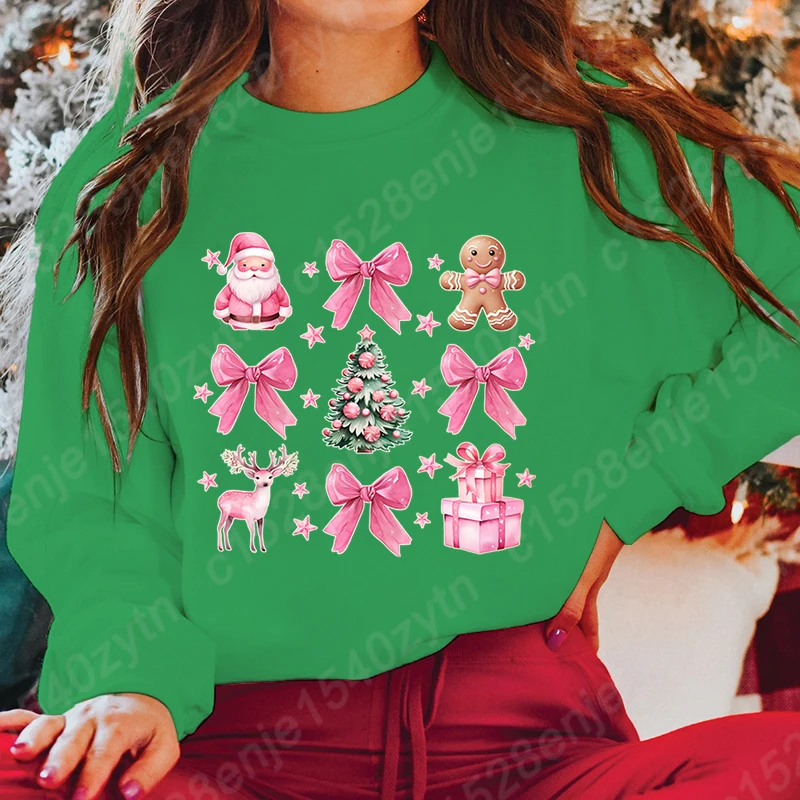 Christmas Pink Bow Santa Print Women Pullover Autumn And Winter Fashion Ladies Long Sleeve Sweatshirt O Neck Hoodless Sweatshirt