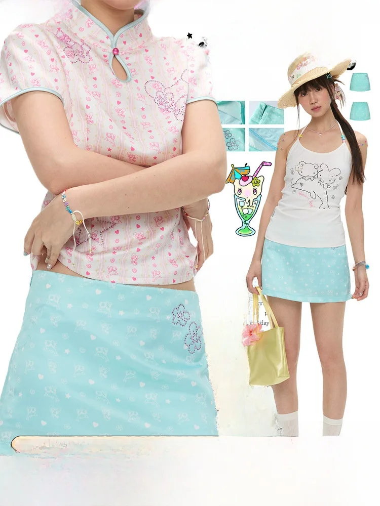 

BENAND Mint Green Slimming A-Line Skirt Women's New Style Summer Casual High Waist Polyester Fiber Print Skirt