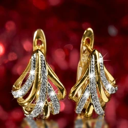 Huitan Trendy Lady Two-tone Style Hoop Earrings with Brilliant Zirconia Aesthetic Hollow-out Design Accessories for Daily Party