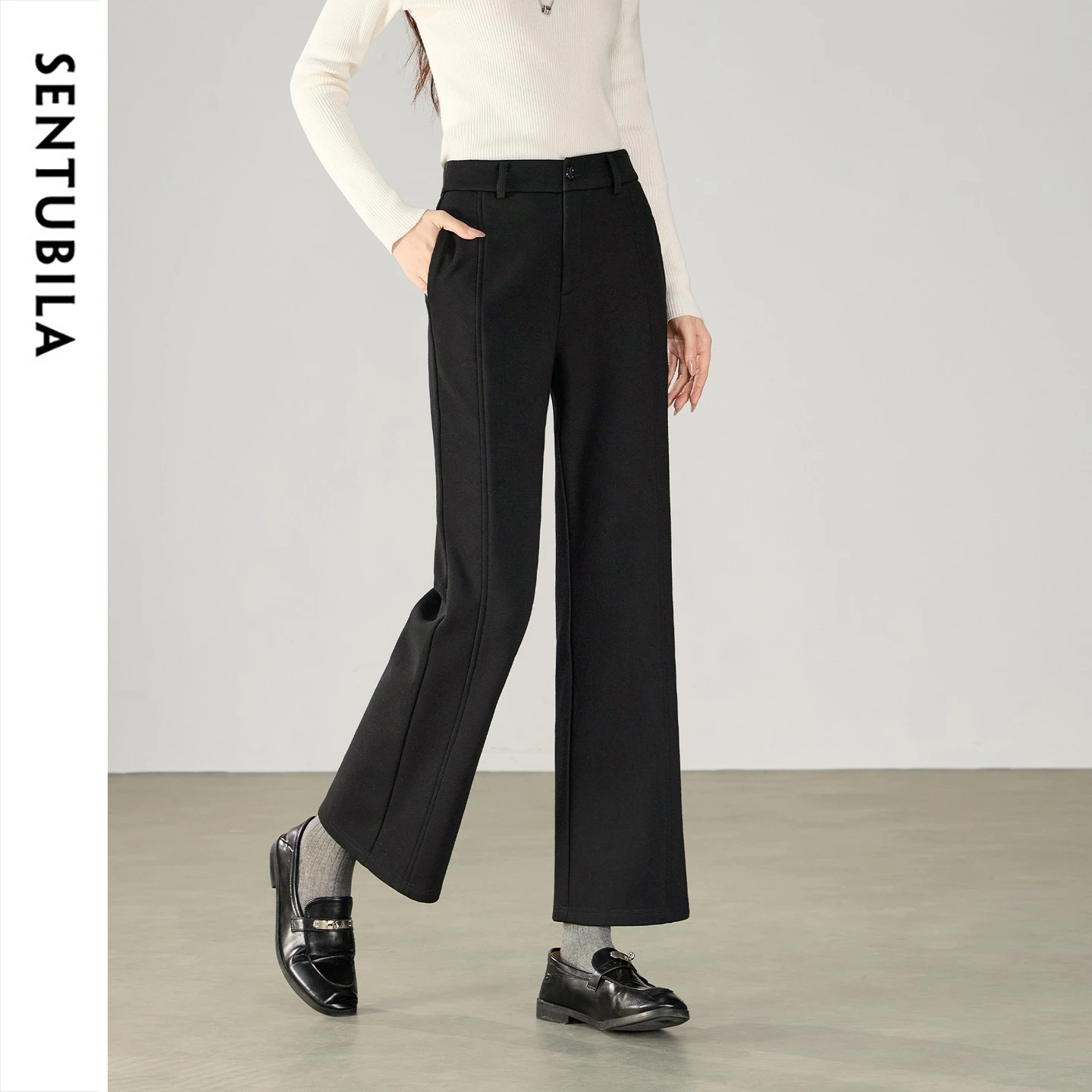 SENTUBILA Women's Flared Pants 2026 New Fleece‑Lined Petite Ankle‑Length Slim Fit Daily Commuter Winter Warm Trousers 164KE7526