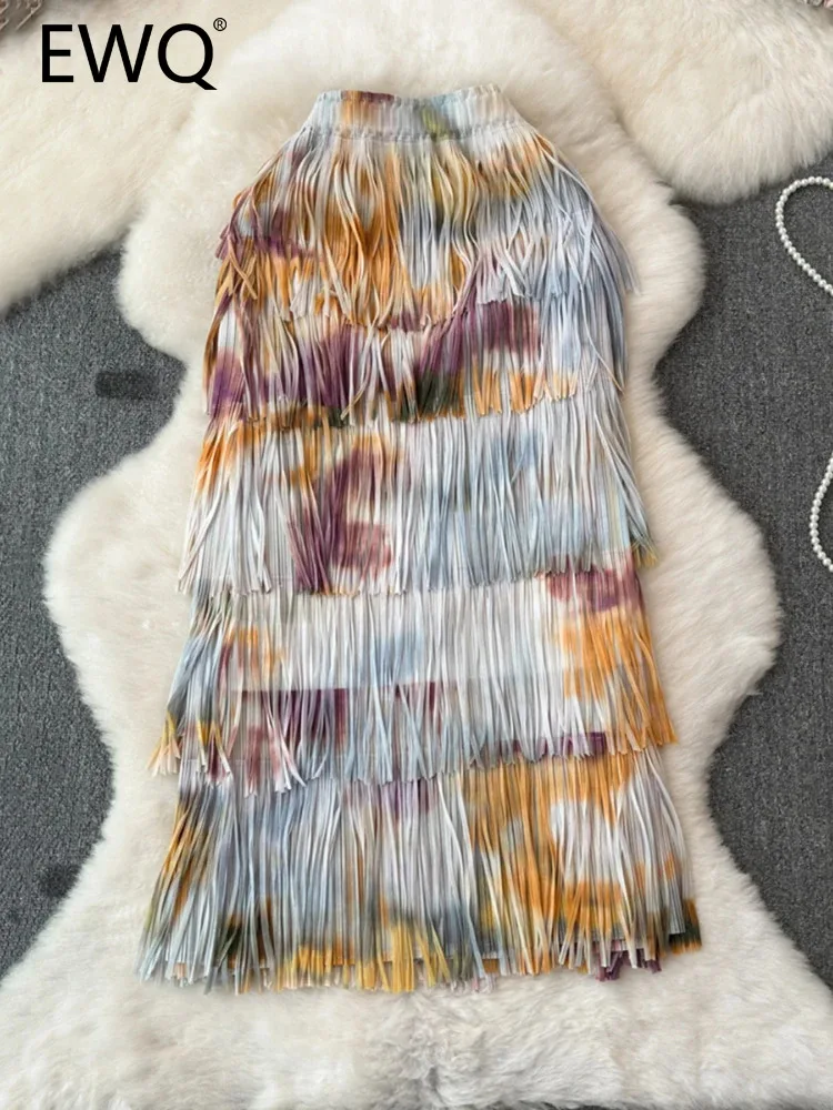 EWQ Fashion Tie Dye Tassel Design Skirt For Women High Waist A-line Loose Long Skirts Casual 2024 Summer New Clothing 27C364