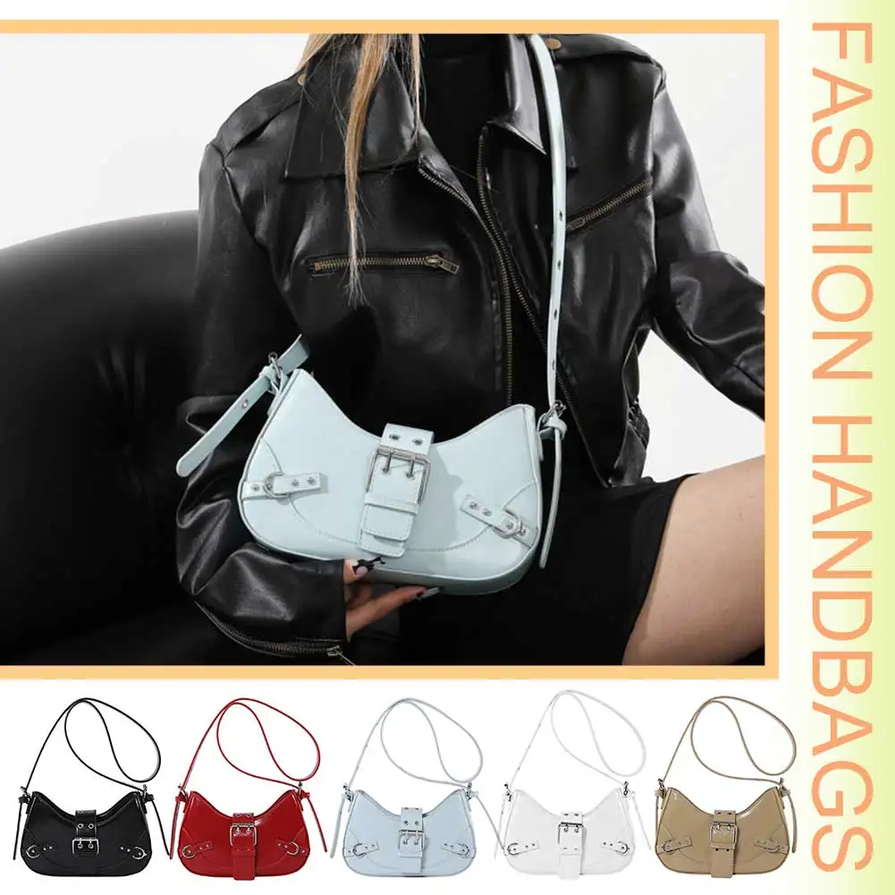 Women Gothic Style Crossbody Bag Adjustable Strap and Buckle Y2K Shoulder Bag Punk Style Hobo Bag Solid Color for Party Vacation