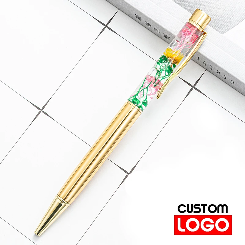 10pcs Eternal Life Flower Oil Pen Metal Ballpoint Pen Lettering Engraved Name Advertising Pen Custom Logo Stationery Wholesale