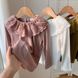 Baby Clothes Spring Girls Long Sleeve T-shirts Lace Lotus Collar Princess Kids Ribbed Bottoming Shirt Toddler Cotton Tops