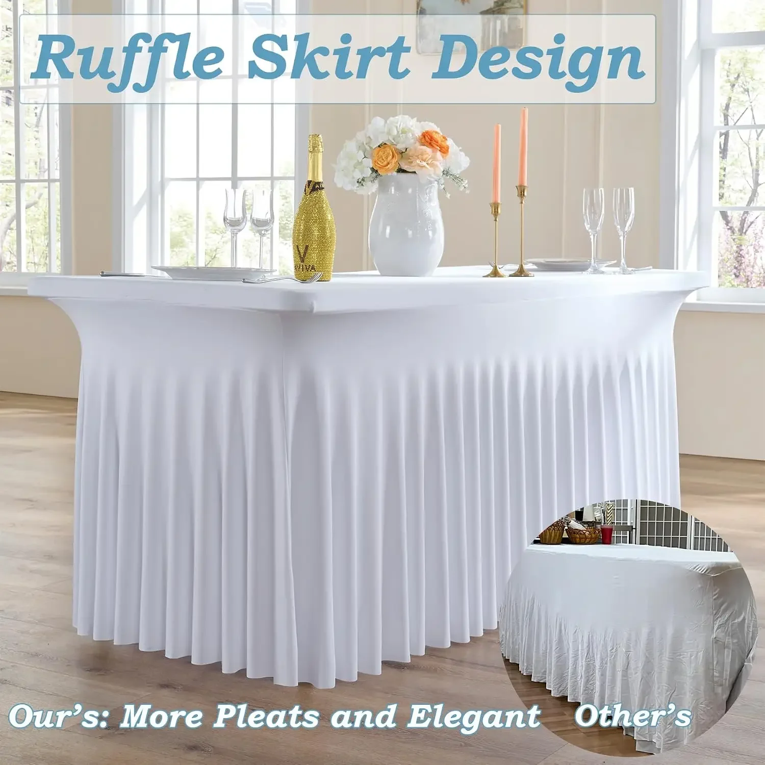 8 pk White Spandex Tablecloth 6ft, Wrinkle Free High Stretch Fitted Tablecloths for 6 Foot Rectangle Tables, Elastic Spandex Tab