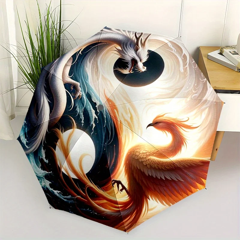 

Зонт в азиатском стиле - автоматический складной зонт с символом Инь-Ян, изображением белого дракона и феникса - легкий