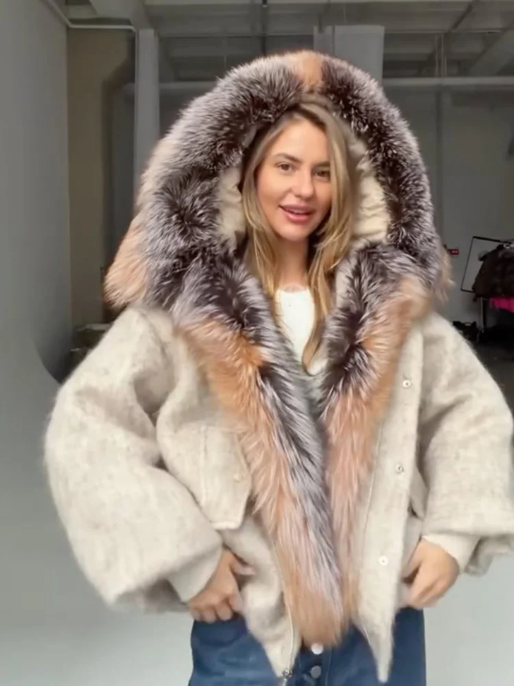 Ladies Winter Faux Wool Coat Big Gradient Faux Fur Lapel Collar Zipper Loose Oversized Outerwear Lady Bomber Warm Outer Jackets