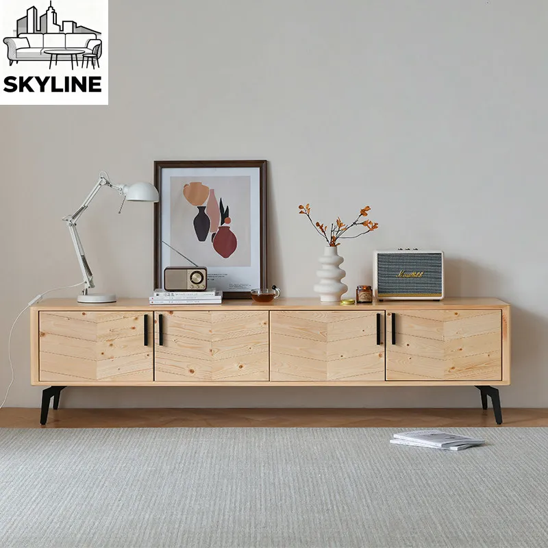 Retro Low-profile Parquet Craft Timber Media Stand, Multi-layer Audio Storage Organizer Household Lounge Decor