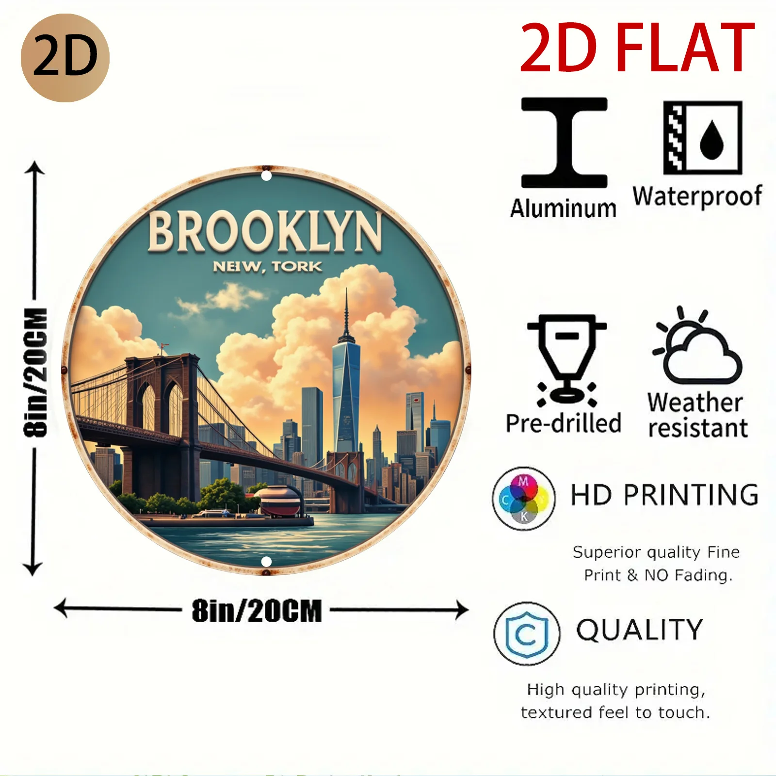 2D Flat Vintage Brooklyn New York Metal Sign Round City Skyline Wall Art Decor Brooklyn Bridge Travel Poster Plaque for Home Bar