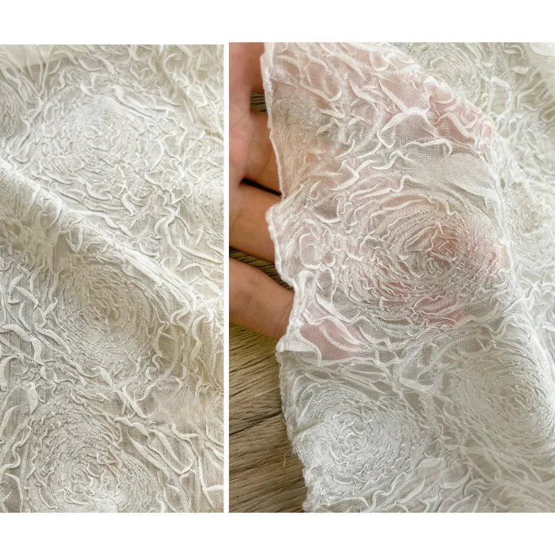 White Rose Three-dimensional Texture Wrinkled Yarn Perspective Lace Indentation Texture Mesh Wedding Dress Designer Fabric