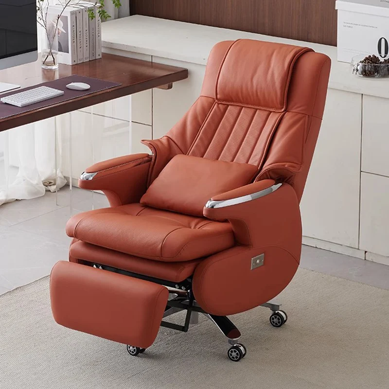 Electric Footrest Leather Office Chair With Wheels 7-Point Vibrating Computer Armchair Solid Wood Frame Furniture Gamer Bedroom