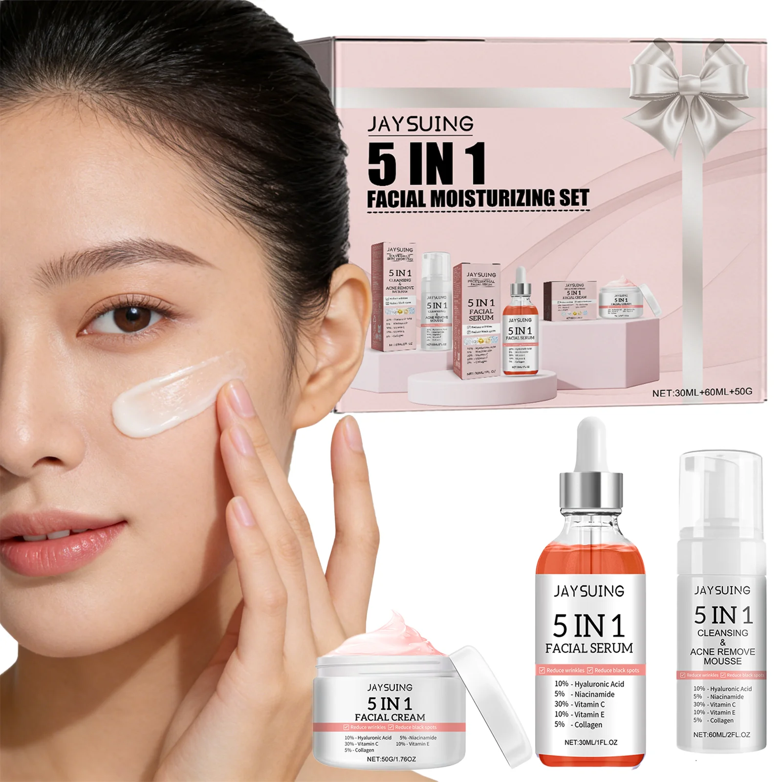 Conjunto Hidratante Facial 5 em 1 para Pele Seca com Sérum de Vitamina C, Niacinamida e Creme Anti-Secura para Reparação e Proteção da Barreira Cutâne