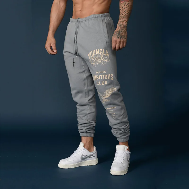 2024YA American sports and leisure pants, gym fitness and running training pants, cotton looped printed ankle binding pants