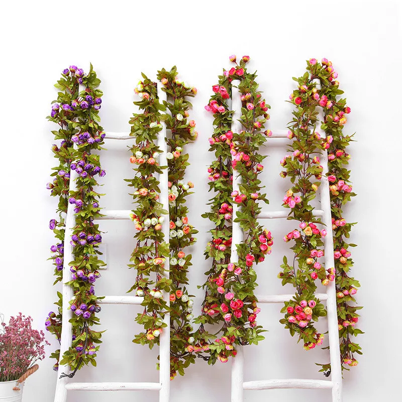 220cm  Artificial Rose Flowers Vine Autumn Cane Backdrop Decor Silk Fake Rattan Garland for Wedding Party Home Hotel Decoration