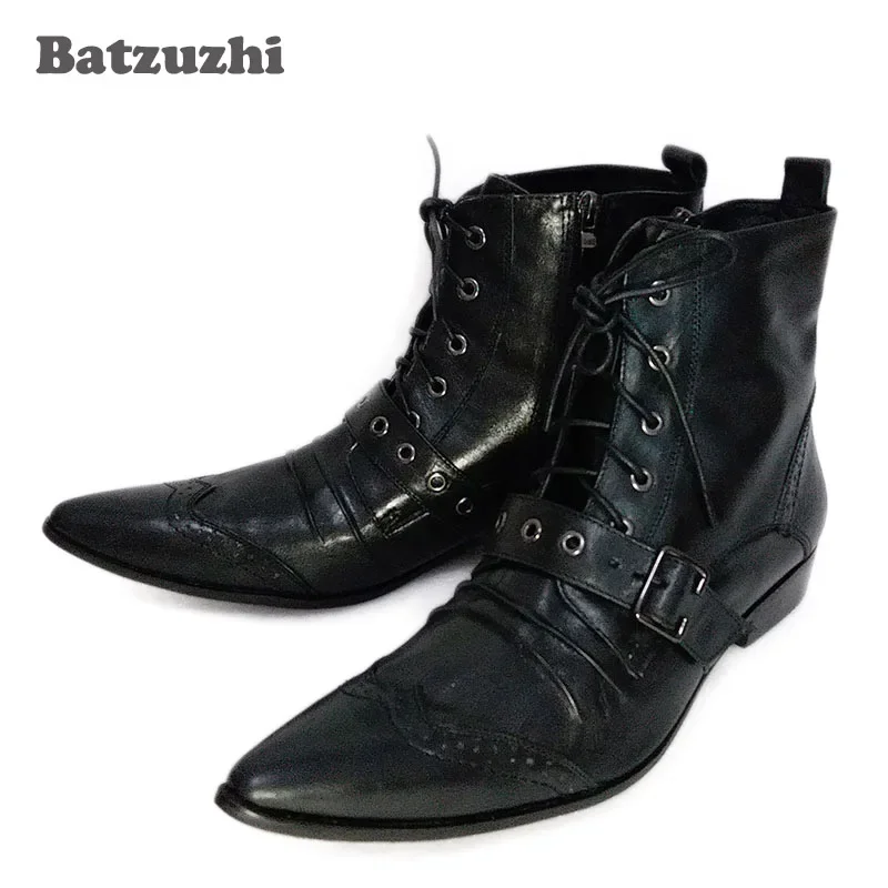 

Batzuzhi Rome Style Men Boots Lacing up Buckle Straps Short Motorcycle Boots Men Pointed Toe , Big EU38-46