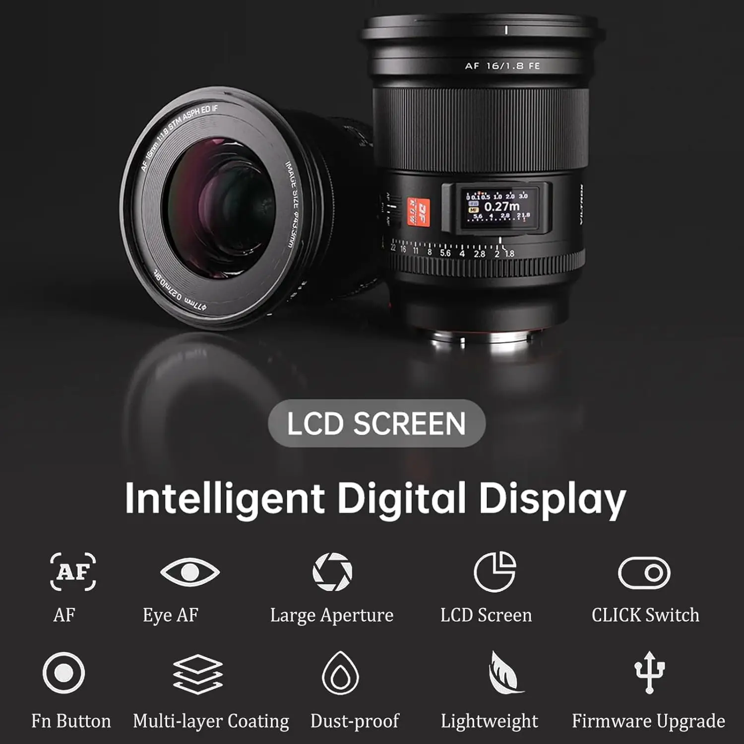 VILTROX 16mm F/1.8 FE Auto Focus Full Frame Lar Aperture Ultra Wide Angle Lens Built-in LCD Screen so  Ny E-Mount Cameras