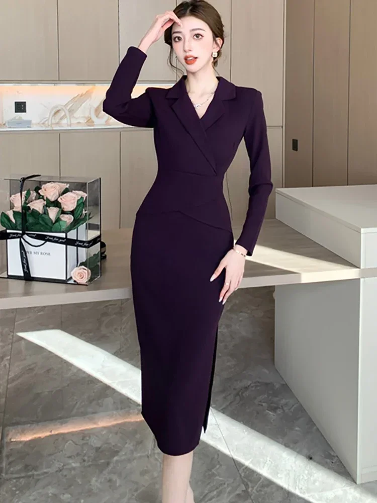 الخريف الشتاء الصلبة المرقعة وهمية قطعتين فستان الكورية أنيقة المرأة فستان 2025 أسود كم طويل Bodycon مكتب سيدة فستان