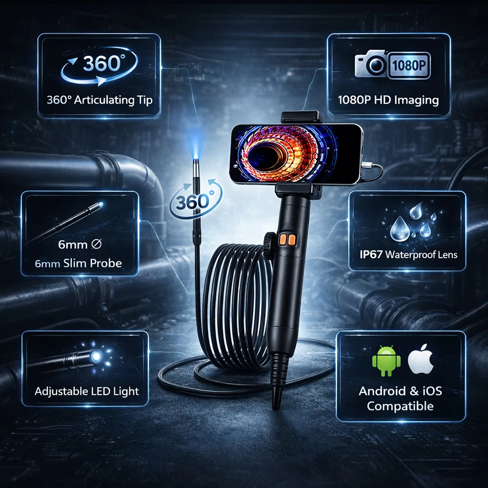 SIHAO 360° Bidirectional Rotating Borescope IP67 Waterproof 6mm Probe LED Light Endoscope Compatible with Android iOS Phones