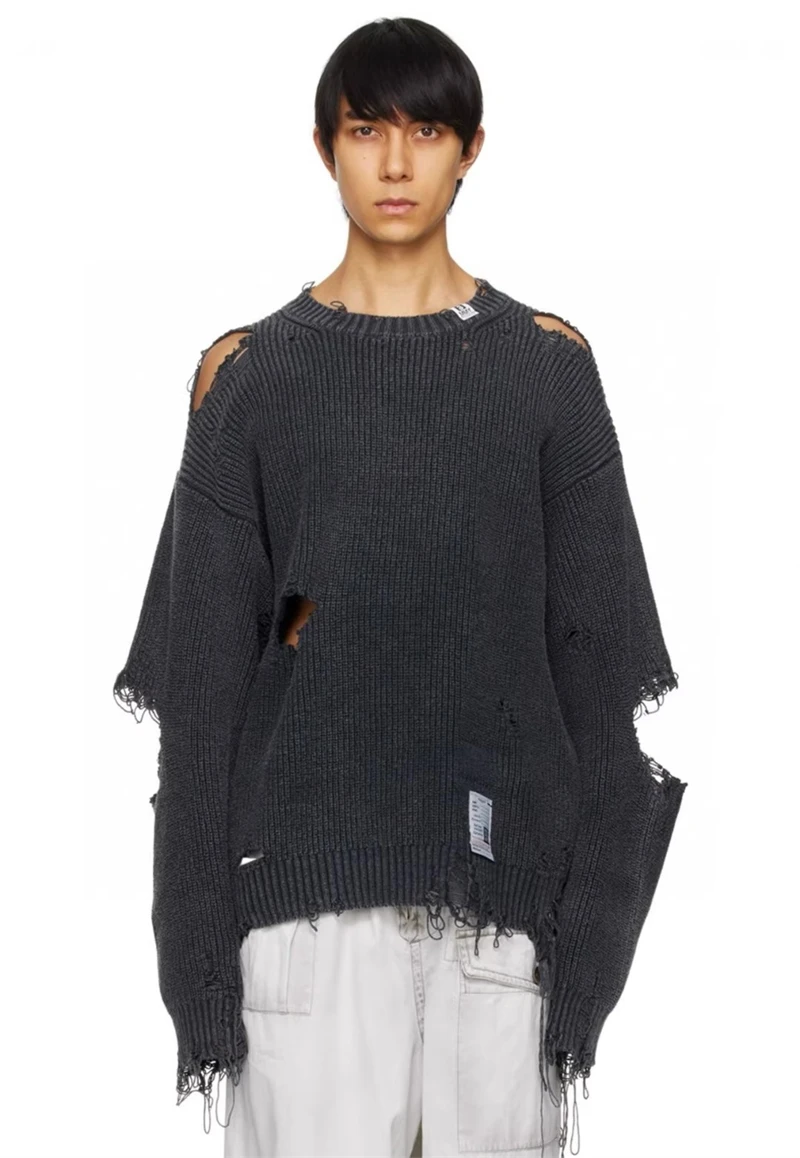 

New Japanese Style Men's and Women's clothes Distressed Design Ribbed Knit Sweater with Irregular Hem and Bleached Knit Sweater