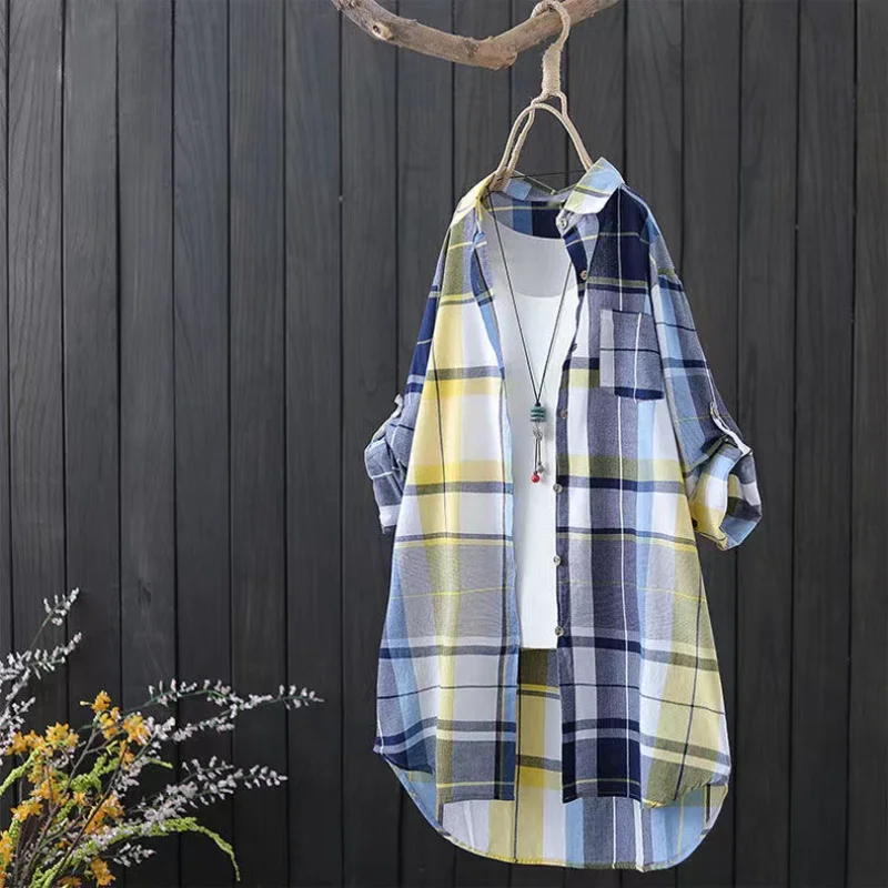 Plaid Cotton Mid Length Blouses Women 2023 Autumn Long Sleeve Elegant Casual Shirt Korean Fashion New Loose Button Blouses