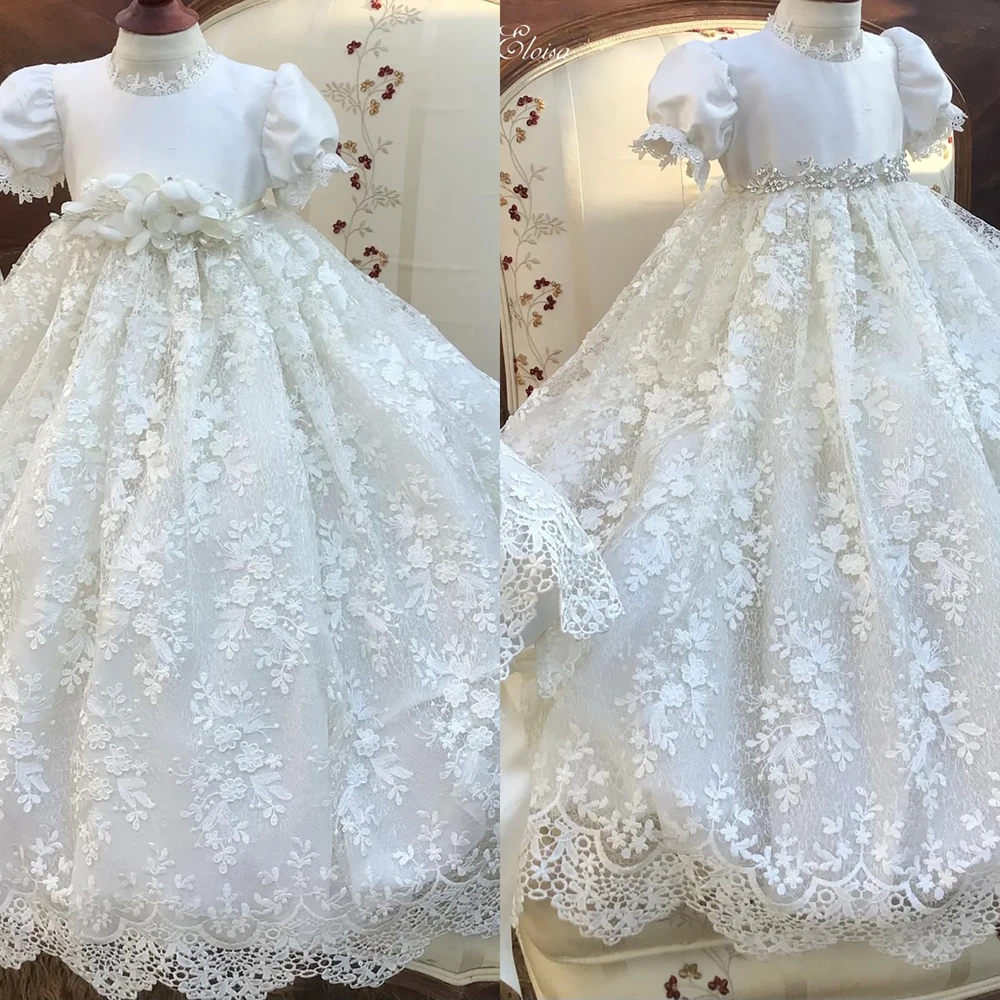Luxurious Infant Baptism Gown Round Neck Puff Sleeve Floral Lace Rhinestones Girl Skirt Custom Baby Christening Dress