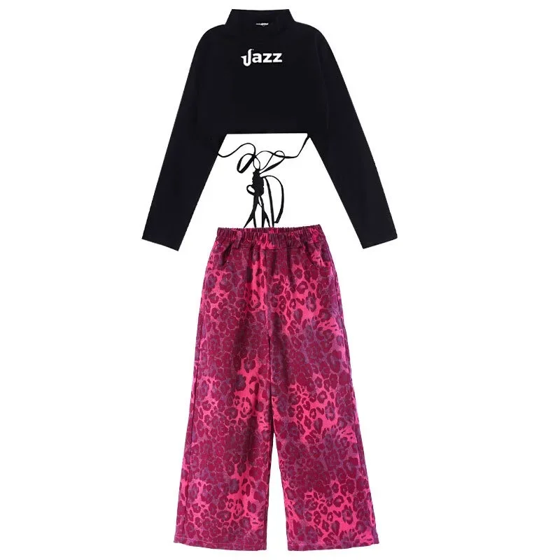 Kostum panggung dansa Jazz perempuan, kostum latihan Hip-hop, celana panjang longgar cetakan macan tutul merah muda Musim Semi dan Musim Gugur usia 7-15 tahun