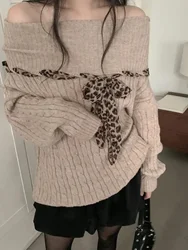 Spring 2025 Women's Sexy One-Shoulder Patchwork Leopard Print Knitwear Casual Commute Style Loose Fit Long Sleeve Warmth Emit...