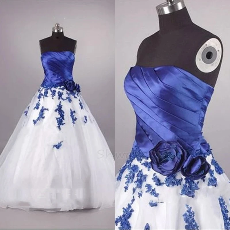 

Vintage White And Blue Wedding Dress Lace Applique Hand Made Flowers Pleats A-Line Elegant Bridal Gown Robe de Mariée Customized