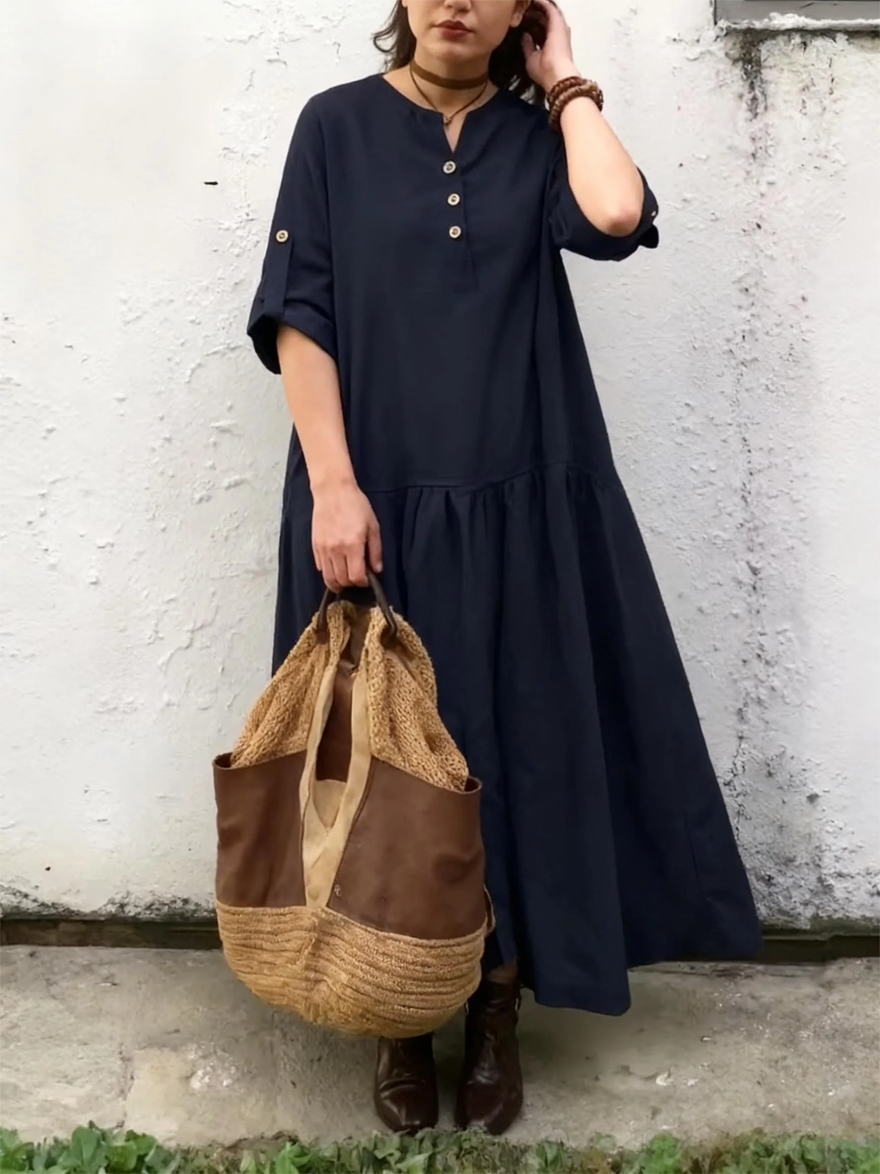 女性用ドレス カジュアル 3/4 スリーブ ボタンドレス ソリッド バギー ルーズフィット 流れるようなサマーマキシドレス