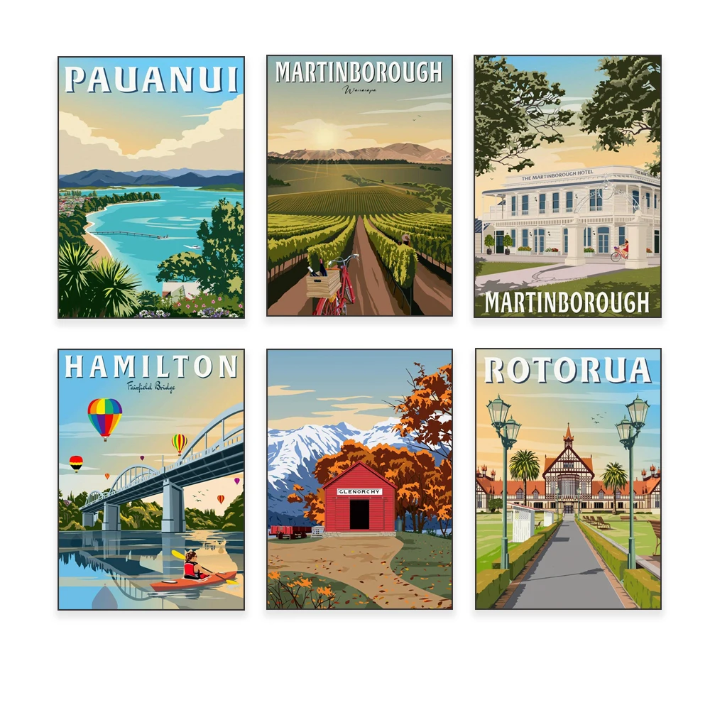 New Zealand Gisborne, Rotorua, Akaroa, Martinborough Vineyards, Hamilton-Fairfield Bridge, Auckland, Devonport Travel Poster