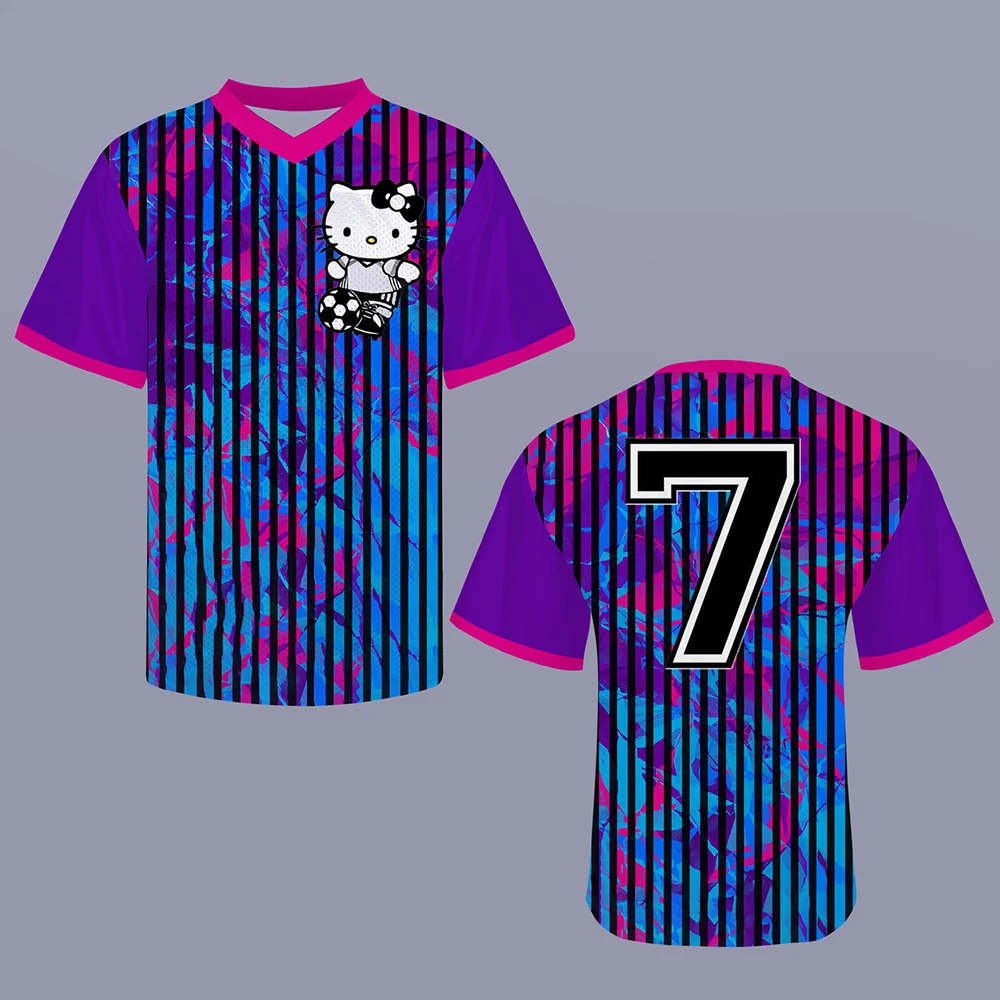 

Women Hello Kitty print7 Print V-Neck Short Sleeve T-Shirt SummeTee football Jerseys Stripe Oversized Sport T-Shirt ﻿