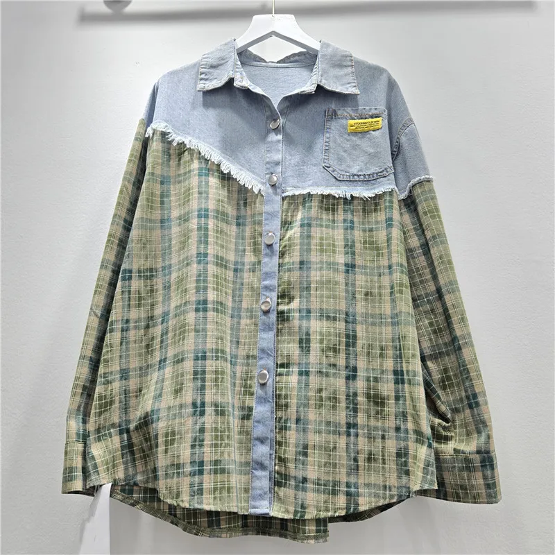 

SuperAen European and American Style Streetwear Spring New Denim Patchwork Plaid Color-matching Design Shirts Women Retro Tops