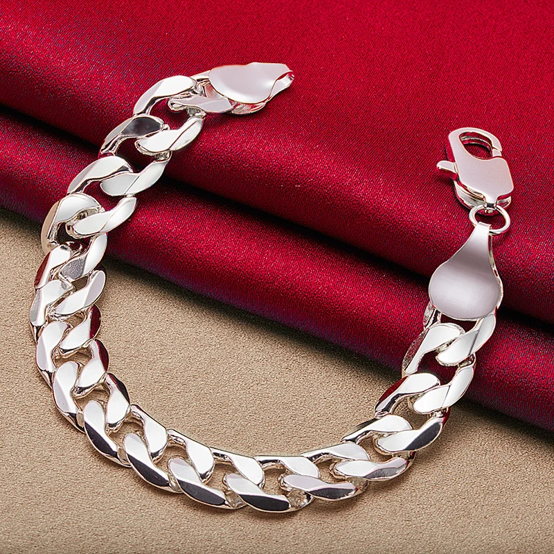 SHSTONE-Pulseras cubanas de Plata de Ley 925 para hombre y mujer, cadena de 12mm, accesorios de boda, regalo de fiesta de cumpleaños, joyería de moda