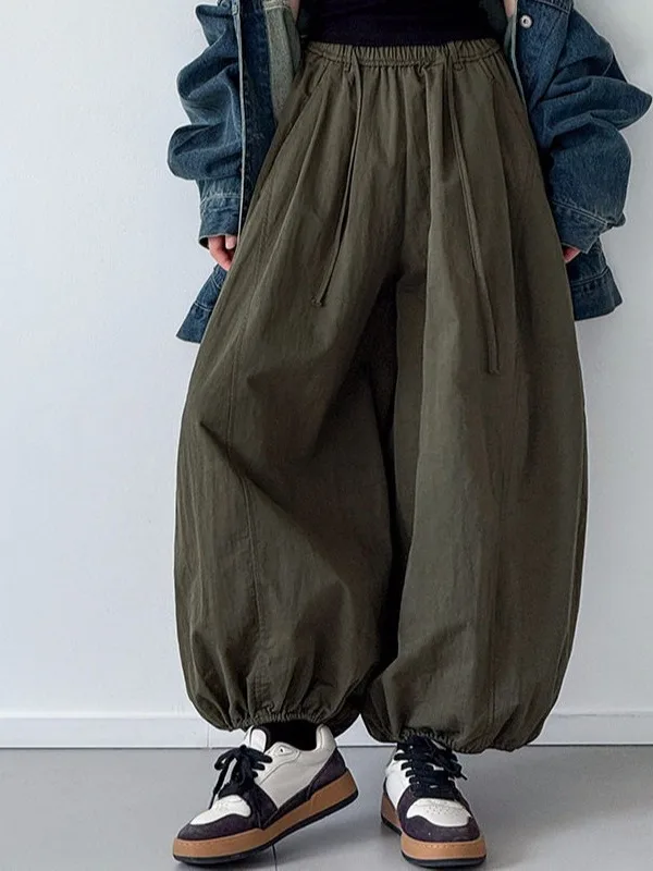 

Свободные широкие брюки с эластичным поясом на шнурке, из тонкого хлопка, повседневные, прямого кроя, однотонные, весна-лето, женские, больших размеров