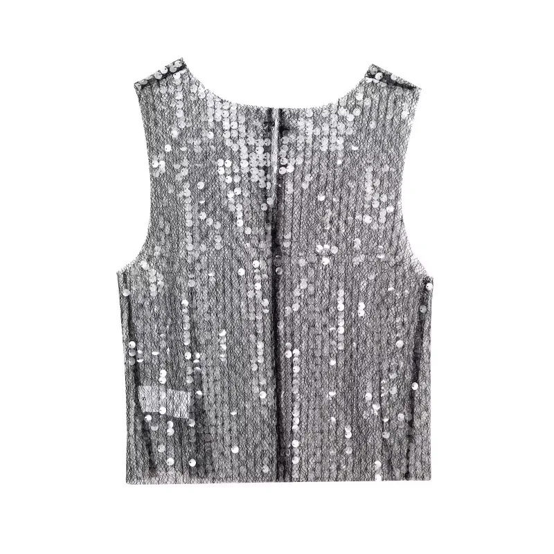 Topenomi Fashion Sequins Tank Top Women French Vintage Transparent Sleeveless Short Vest Camis 2025 New O Neck Sexy Chic Tops