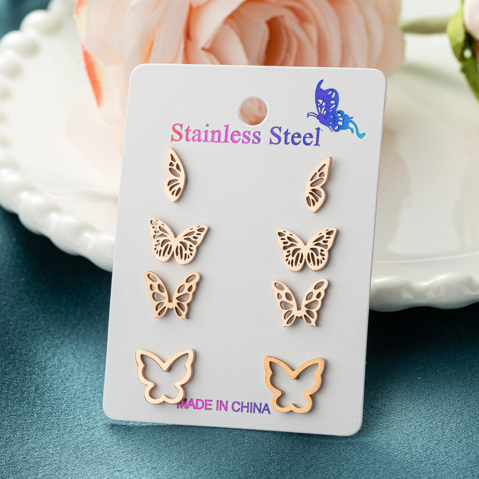 4Pairs/Lot Rose Gold Stainless Steel Earrings Ladies Mini Butterfly Animal Tragus Piercing Cartilage Earrings Pendientes Mujer