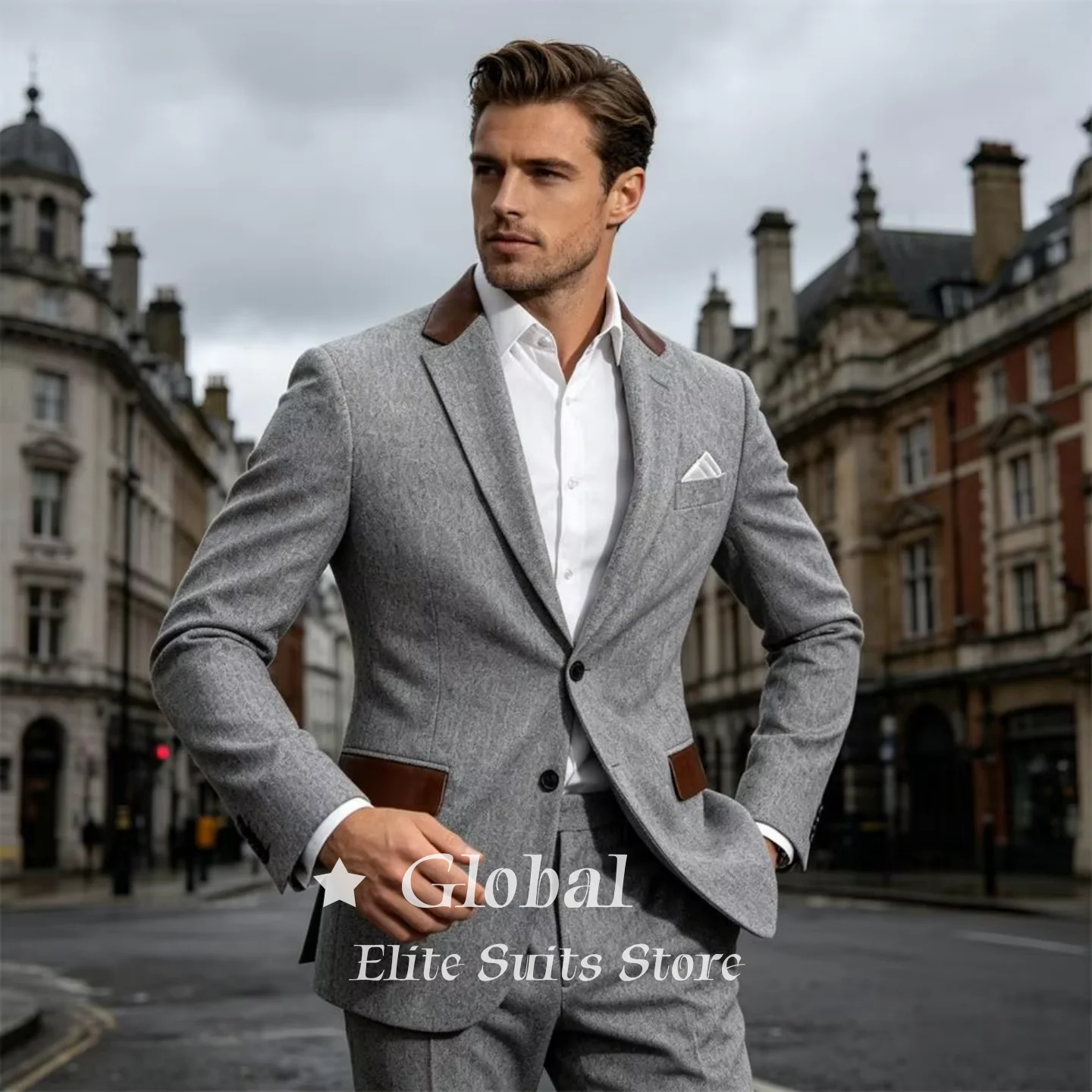 Vintage Mens Suit 2 Piece With Leather Trim Notch Lapel Slim Fit Blazer And Pants For Old Money Wedding Tuxedo Formal Customized