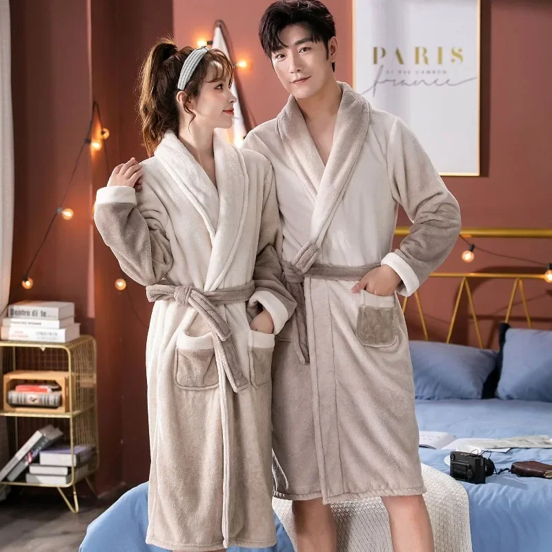 

2024 New Autumn Winter Couple Nightgown Gradient Color Thickened Flannel Bathrobe Large Size Plush Coral Plush Long Bathrobe